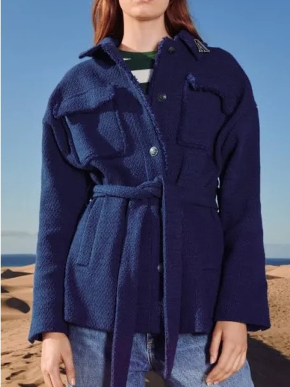 Zara Navy Tweed Belted Jacket Fringed pockets